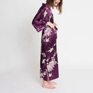 KIM + ONO Purple Satin Floral Crane Maxi Kimono Robe One Size Loungewear Pocket